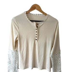 Source Unknown Cream Button-Up Top with Lace Sleeves